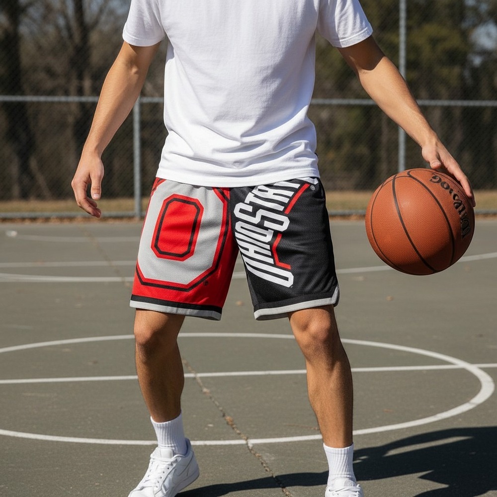 Mitchell & Ness Mens Shorts L Red Black Ohio State Big Face Fashion Short 5.0